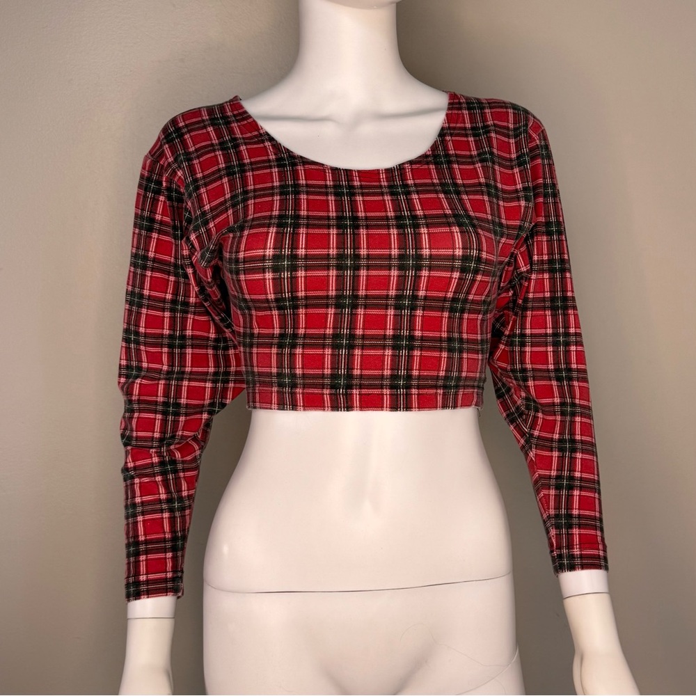 Vintage 1990s Red Plaid Crop Top Tee, Rave Size XS/S, Long Sleeve Shirt